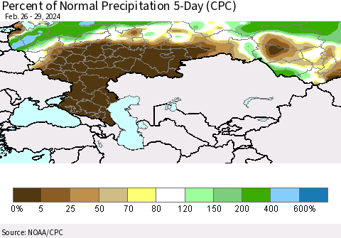 Russian Federation Percent of Normal Precipitation 5-Day (CPC) Thematic Map For 2/26/2024 - 2/29/2024