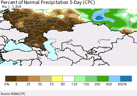 Russian Federation Percent of Normal Precipitation 5-Day (CPC) Thematic Map For 3/1/2024 - 3/5/2024