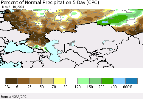 Russian Federation Percent of Normal Precipitation 5-Day (CPC) Thematic Map For 3/6/2024 - 3/10/2024