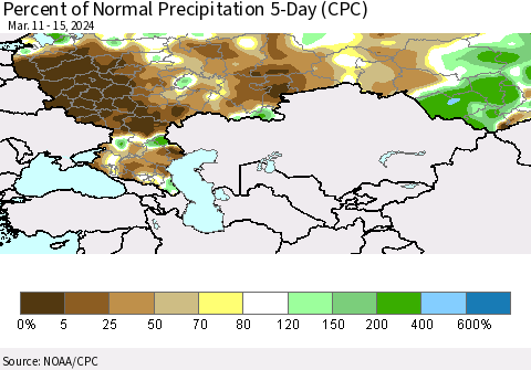 Russian Federation Percent of Normal Precipitation 5-Day (CPC) Thematic Map For 3/11/2024 - 3/15/2024