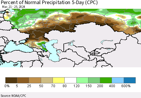 Russian Federation Percent of Normal Precipitation 5-Day (CPC) Thematic Map For 3/21/2024 - 3/25/2024
