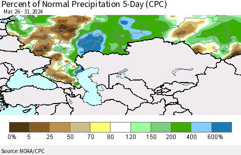 Russian Federation Percent of Normal Precipitation 5-Day (CPC) Thematic Map For 3/26/2024 - 3/31/2024