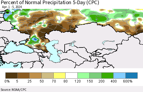 Russian Federation Percent of Normal Precipitation 5-Day (CPC) Thematic Map For 4/1/2024 - 4/5/2024