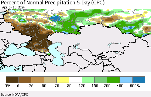 Russian Federation Percent of Normal Precipitation 5-Day (CPC) Thematic Map For 4/6/2024 - 4/10/2024