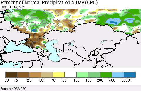 Russian Federation Percent of Normal Precipitation 5-Day (CPC) Thematic Map For 4/11/2024 - 4/15/2024