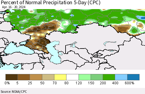 Russian Federation Percent of Normal Precipitation 5-Day (CPC) Thematic Map For 4/16/2024 - 4/20/2024