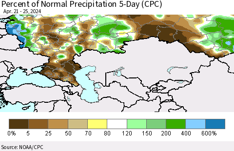 Russian Federation Percent of Normal Precipitation 5-Day (CPC) Thematic Map For 4/21/2024 - 4/25/2024