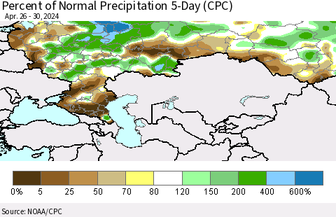 Russian Federation Percent of Normal Precipitation 5-Day (CPC) Thematic Map For 4/26/2024 - 4/30/2024