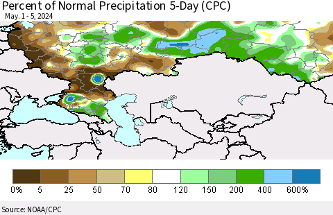 Russian Federation Percent of Normal Precipitation 5-Day (CPC) Thematic Map For 5/1/2024 - 5/5/2024