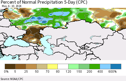 Russian Federation Percent of Normal Precipitation 5-Day (CPC) Thematic Map For 5/6/2024 - 5/10/2024