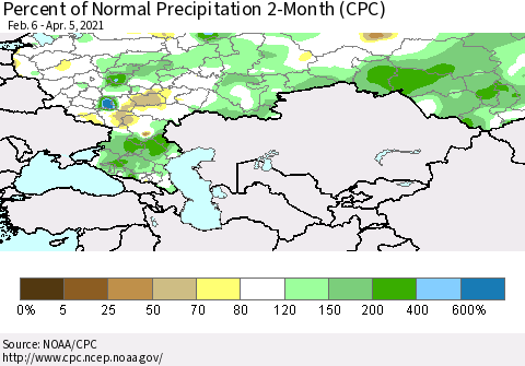 Russian Federation Percent of Normal Precipitation 2-Month (CPC) Thematic Map For 2/6/2021 - 4/5/2021