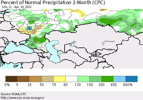 Russian Federation Percent of Normal Precipitation 2-Month (CPC) Thematic Map For 2/11/2021 - 4/10/2021