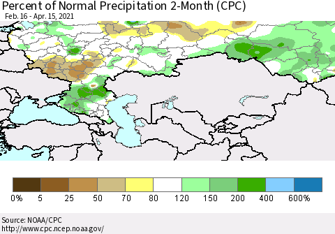 Russian Federation Percent of Normal Precipitation 2-Month (CPC) Thematic Map For 2/16/2021 - 4/15/2021