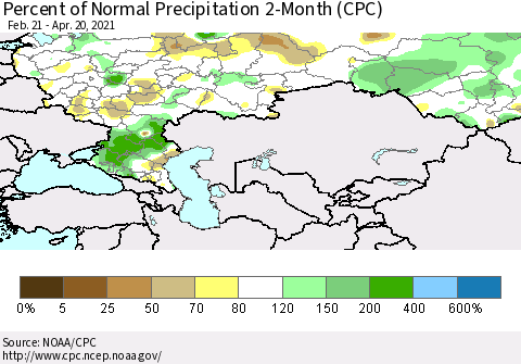 Russian Federation Percent of Normal Precipitation 2-Month (CPC) Thematic Map For 2/21/2021 - 4/20/2021