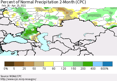 Russian Federation Percent of Normal Precipitation 2-Month (CPC) Thematic Map For 2/26/2021 - 4/25/2021
