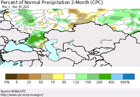 Russian Federation Percent of Normal Precipitation 2-Month (CPC) Thematic Map For 3/1/2021 - 4/30/2021
