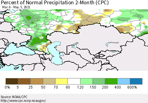 Russian Federation Percent of Normal Precipitation 2-Month (CPC) Thematic Map For 3/6/2021 - 5/5/2021