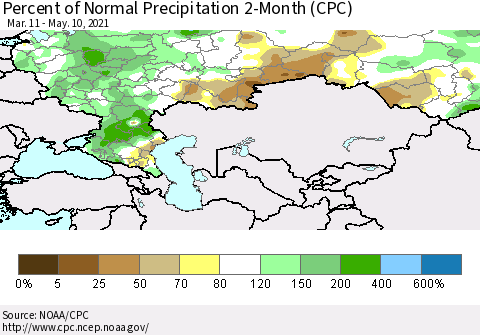 Russian Federation Percent of Normal Precipitation 2-Month (CPC) Thematic Map For 3/11/2021 - 5/10/2021
