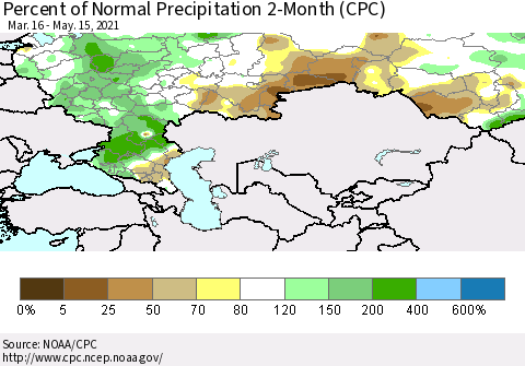 Russian Federation Percent of Normal Precipitation 2-Month (CPC) Thematic Map For 3/16/2021 - 5/15/2021