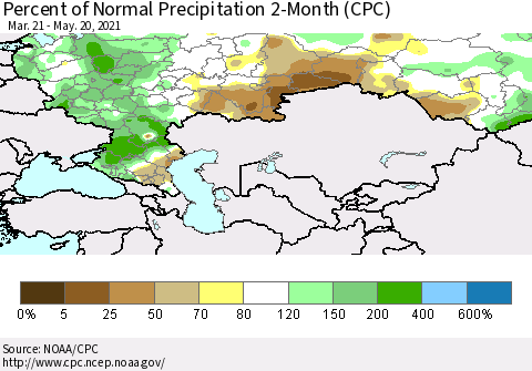 Russian Federation Percent of Normal Precipitation 2-Month (CPC) Thematic Map For 3/21/2021 - 5/20/2021