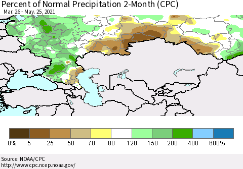 Russian Federation Percent of Normal Precipitation 2-Month (CPC) Thematic Map For 3/26/2021 - 5/25/2021