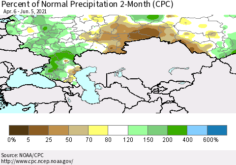 Russian Federation Percent of Normal Precipitation 2-Month (CPC) Thematic Map For 4/6/2021 - 6/5/2021