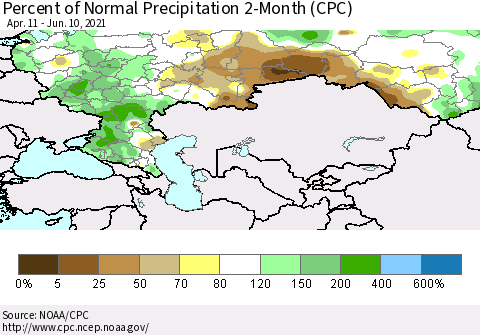 Russian Federation Percent of Normal Precipitation 2-Month (CPC) Thematic Map For 4/11/2021 - 6/10/2021
