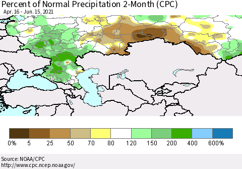 Russian Federation Percent of Normal Precipitation 2-Month (CPC) Thematic Map For 4/16/2021 - 6/15/2021
