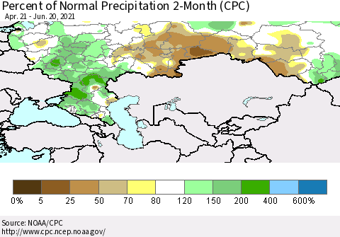 Russian Federation Percent of Normal Precipitation 2-Month (CPC) Thematic Map For 4/21/2021 - 6/20/2021
