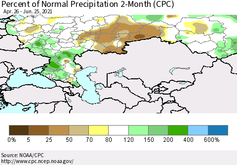 Russian Federation Percent of Normal Precipitation 2-Month (CPC) Thematic Map For 4/26/2021 - 6/25/2021