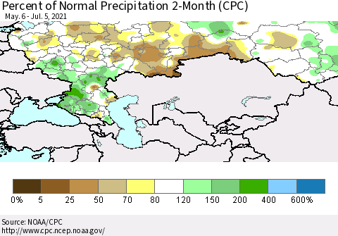Russian Federation Percent of Normal Precipitation 2-Month (CPC) Thematic Map For 5/6/2021 - 7/5/2021