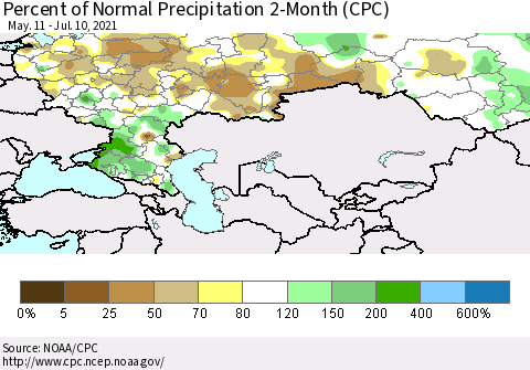 Russian Federation Percent of Normal Precipitation 2-Month (CPC) Thematic Map For 5/11/2021 - 7/10/2021
