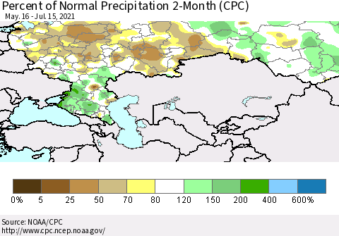Russian Federation Percent of Normal Precipitation 2-Month (CPC) Thematic Map For 5/16/2021 - 7/15/2021