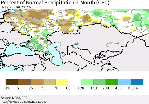 Russian Federation Percent of Normal Precipitation 2-Month (CPC) Thematic Map For 5/21/2021 - 7/20/2021