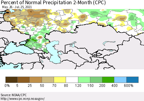 Russian Federation Percent of Normal Precipitation 2-Month (CPC) Thematic Map For 5/26/2021 - 7/25/2021