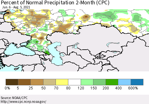 Russian Federation Percent of Normal Precipitation 2-Month (CPC) Thematic Map For 6/6/2021 - 8/5/2021