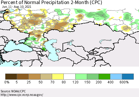 Russian Federation Percent of Normal Precipitation 2-Month (CPC) Thematic Map For 6/11/2021 - 8/10/2021