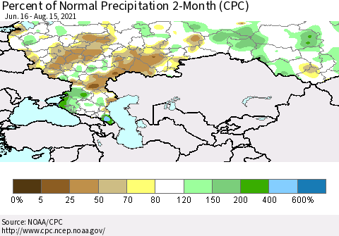 Russian Federation Percent of Normal Precipitation 2-Month (CPC) Thematic Map For 6/16/2021 - 8/15/2021