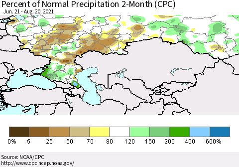 Russian Federation Percent of Normal Precipitation 2-Month (CPC) Thematic Map For 6/21/2021 - 8/20/2021