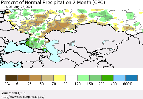 Russian Federation Percent of Normal Precipitation 2-Month (CPC) Thematic Map For 6/26/2021 - 8/25/2021