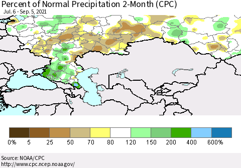 Russian Federation Percent of Normal Precipitation 2-Month (CPC) Thematic Map For 7/6/2021 - 9/5/2021