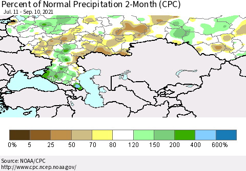 Russian Federation Percent of Normal Precipitation 2-Month (CPC) Thematic Map For 7/11/2021 - 9/10/2021