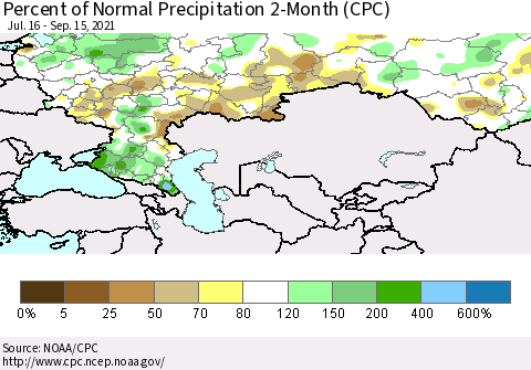 Russian Federation Percent of Normal Precipitation 2-Month (CPC) Thematic Map For 7/16/2021 - 9/15/2021