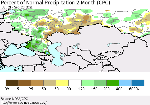 Russian Federation Percent of Normal Precipitation 2-Month (CPC) Thematic Map For 7/21/2021 - 9/20/2021
