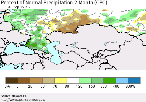 Russian Federation Percent of Normal Precipitation 2-Month (CPC) Thematic Map For 7/26/2021 - 9/25/2021