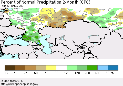 Russian Federation Percent of Normal Precipitation 2-Month (CPC) Thematic Map For 8/6/2021 - 10/5/2021