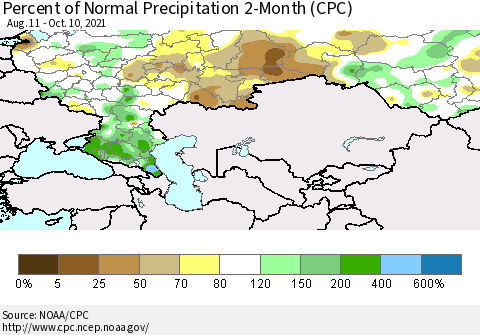 Russian Federation Percent of Normal Precipitation 2-Month (CPC) Thematic Map For 8/11/2021 - 10/10/2021
