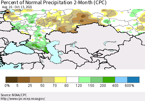 Russian Federation Percent of Normal Precipitation 2-Month (CPC) Thematic Map For 8/16/2021 - 10/15/2021