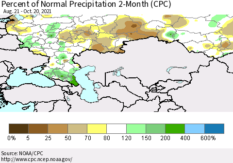 Russian Federation Percent of Normal Precipitation 2-Month (CPC) Thematic Map For 8/21/2021 - 10/20/2021