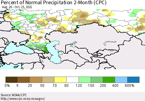 Russian Federation Percent of Normal Precipitation 2-Month (CPC) Thematic Map For 8/26/2021 - 10/25/2021